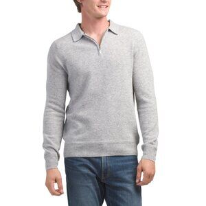 LACHLAN Light Grey Merino Wool And Cashmere Blend Zip Neck Polo Sweater